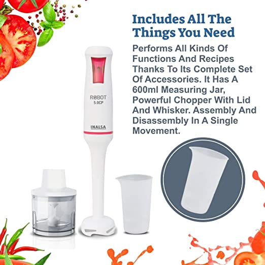 Inalsa Robot 5.0 CP 500W Hand Blender - with Chopper & 700ml Multipurpose Jar/ 2 Year Warranty/ Super Silent Powerful Motor Inalsa Robot 5.0 CP 500W Hand Blender - with Chopper & 700ml Multipurpose Jar/ 2 Year Warranty/ Super Silent Powerful Motor